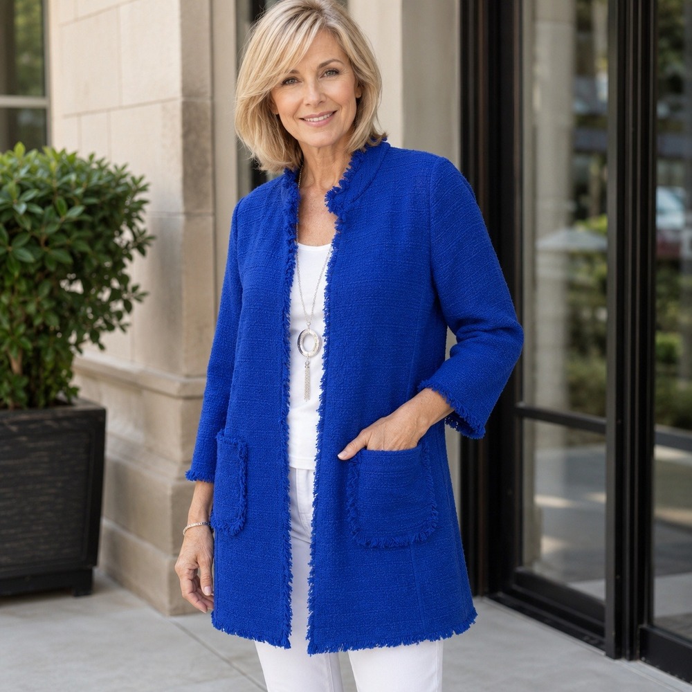 Chico's Women's Size 0 Blue Cotton Textured Fringe Long Open Front Jacket